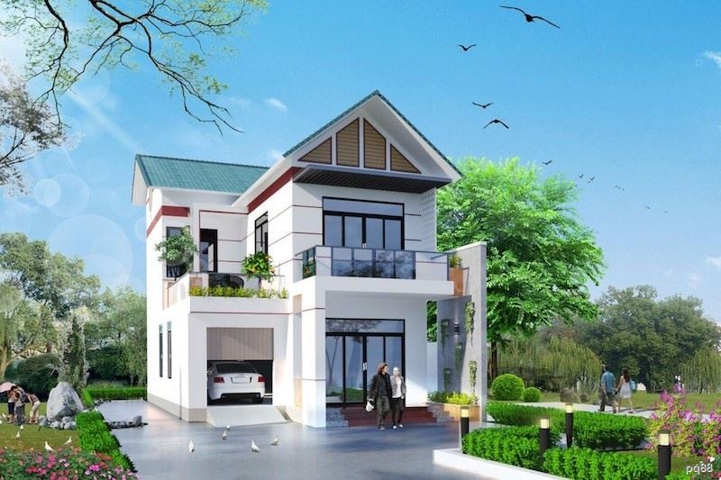 Villa sân vườn mái Thái kết hợp ban công kính đẹp ấn tượng